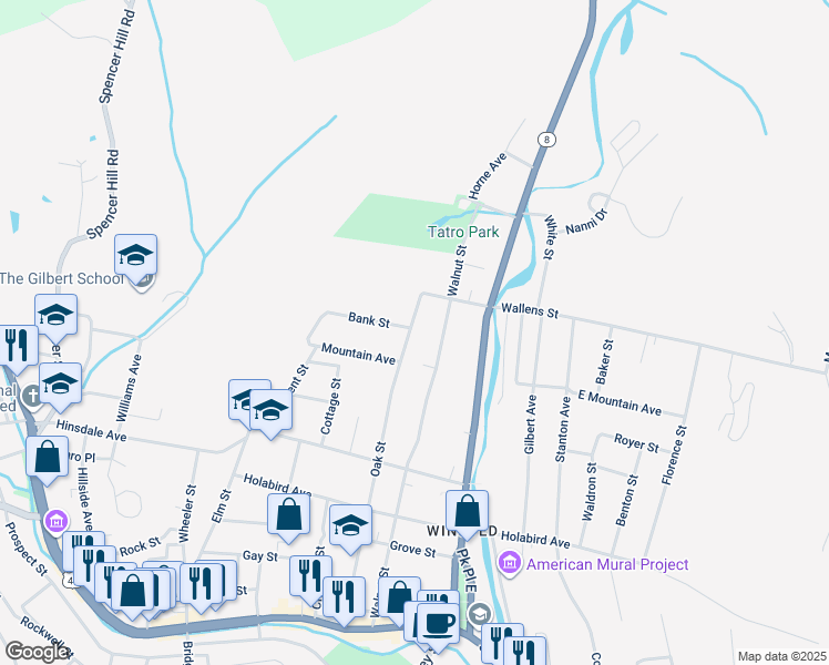 map of restaurants, bars, coffee shops, grocery stores, and more near 246 Oak Street in Winsted