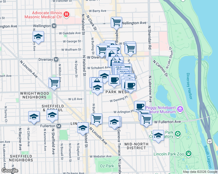 map of restaurants, bars, coffee shops, grocery stores, and more near 660 West Wrightwood Avenue in Chicago