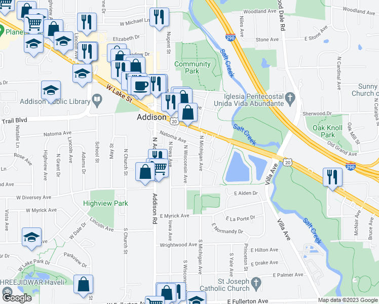 map of restaurants, bars, coffee shops, grocery stores, and more near 105 North Wisconsin Avenue in Addison