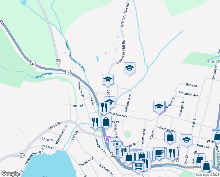 map of restaurants, bars, coffee shops, grocery stores, and more near 88 Spencer Street in Winsted