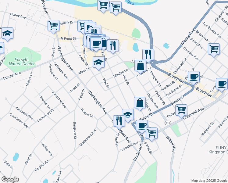 map of restaurants, bars, coffee shops, grocery stores, and more near 183 Wall Street in Kingston