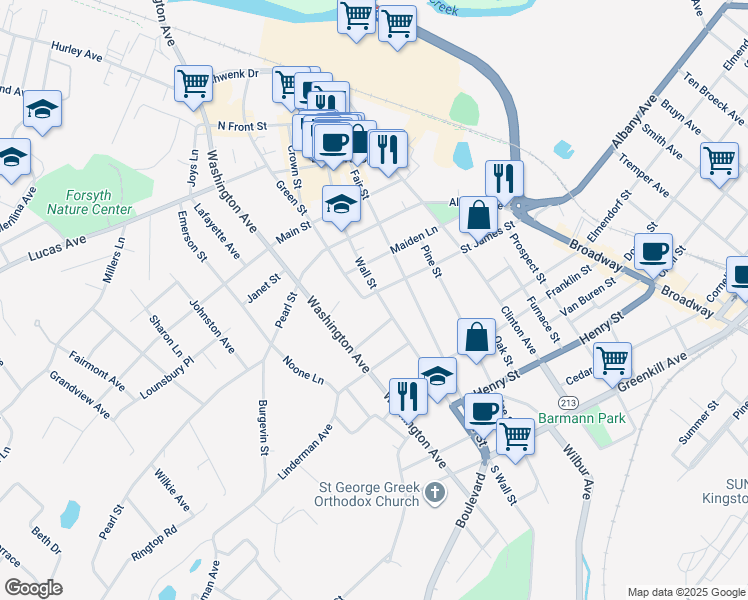 map of restaurants, bars, coffee shops, grocery stores, and more near 183 Wall Street in Kingston