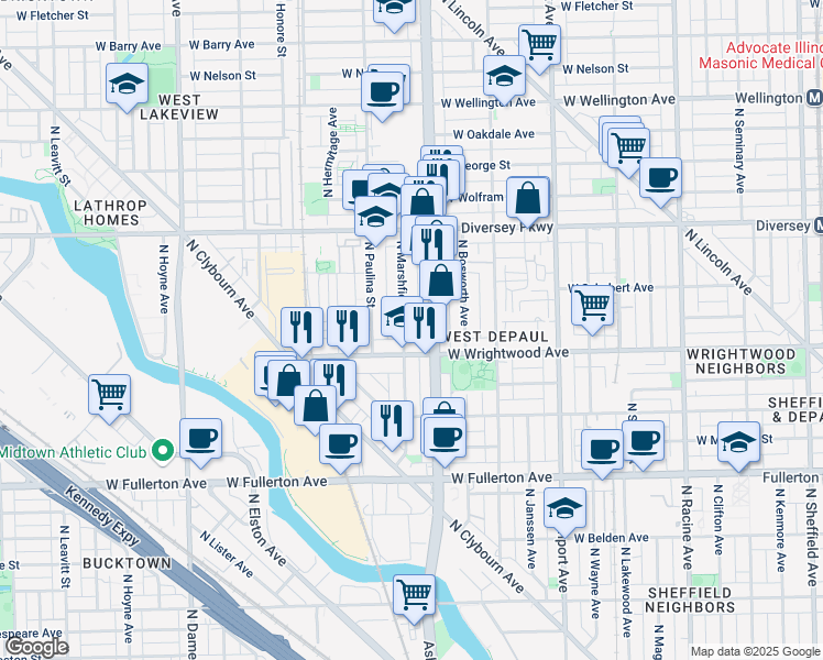 map of restaurants, bars, coffee shops, grocery stores, and more near in Chicago