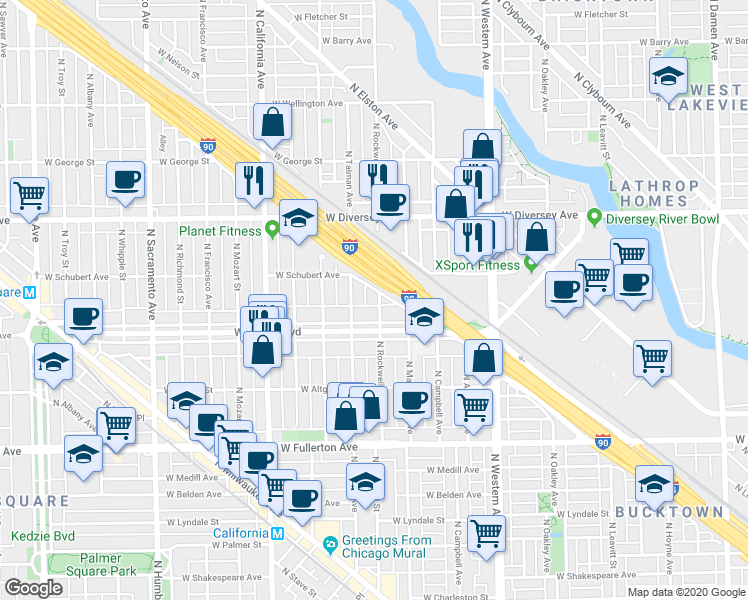 map of restaurants, bars, coffee shops, grocery stores, and more near 2626 North Rockwell Street in Chicago