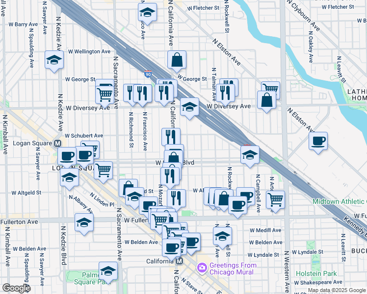 map of restaurants, bars, coffee shops, grocery stores, and more near 2623N North Fairfield Avenue in Chicago