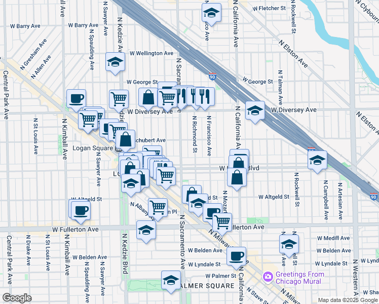 map of restaurants, bars, coffee shops, grocery stores, and more near in Chicago