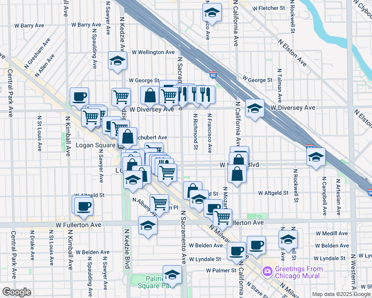 map of restaurants, bars, coffee shops, grocery stores, and more near 2625 North Sacramento Avenue in Chicago