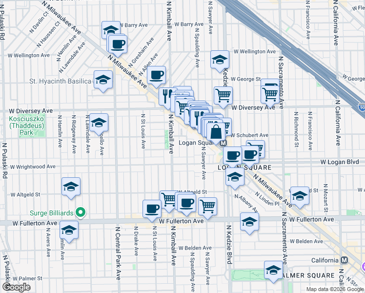 map of restaurants, bars, coffee shops, grocery stores, and more near 2634 North Spaulding Avenue in Chicago
