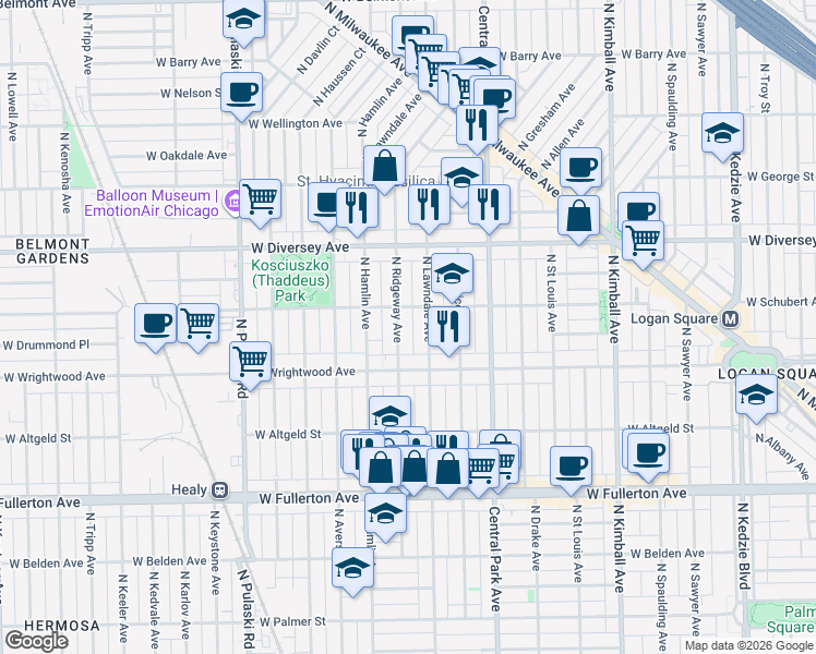 map of restaurants, bars, coffee shops, grocery stores, and more near 2640 North Lawndale Avenue in Chicago