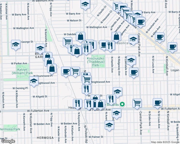 map of restaurants, bars, coffee shops, grocery stores, and more near 2644 North Harding Avenue in Chicago