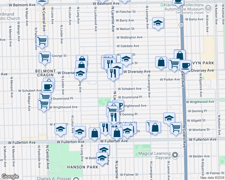 map of restaurants, bars, coffee shops, grocery stores, and more near 5153 West Schubert Avenue in Chicago