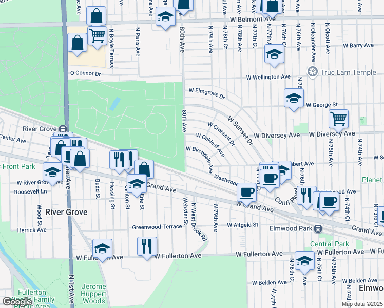 map of restaurants, bars, coffee shops, grocery stores, and more near 7949 West Birchdale Avenue in Chicago
