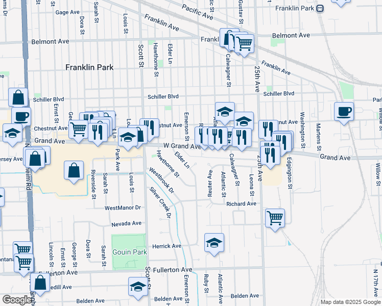 map of restaurants, bars, coffee shops, grocery stores, and more near 9847 Grand Avenue in Franklin Park