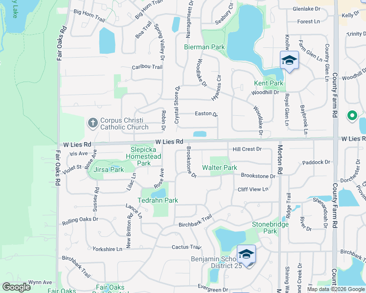 map of restaurants, bars, coffee shops, grocery stores, and more near 1213 Hill Crest Drive in Carol Stream