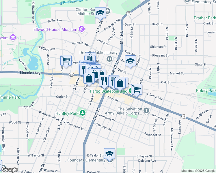 map of restaurants, bars, coffee shops, grocery stores, and more near in DeKalb