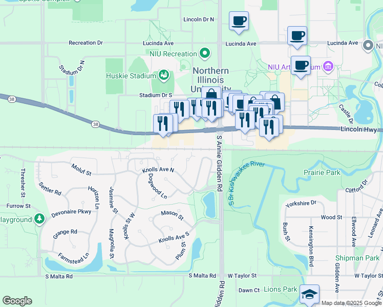 map of restaurants, bars, coffee shops, grocery stores, and more near 309 Ash Court in DeKalb