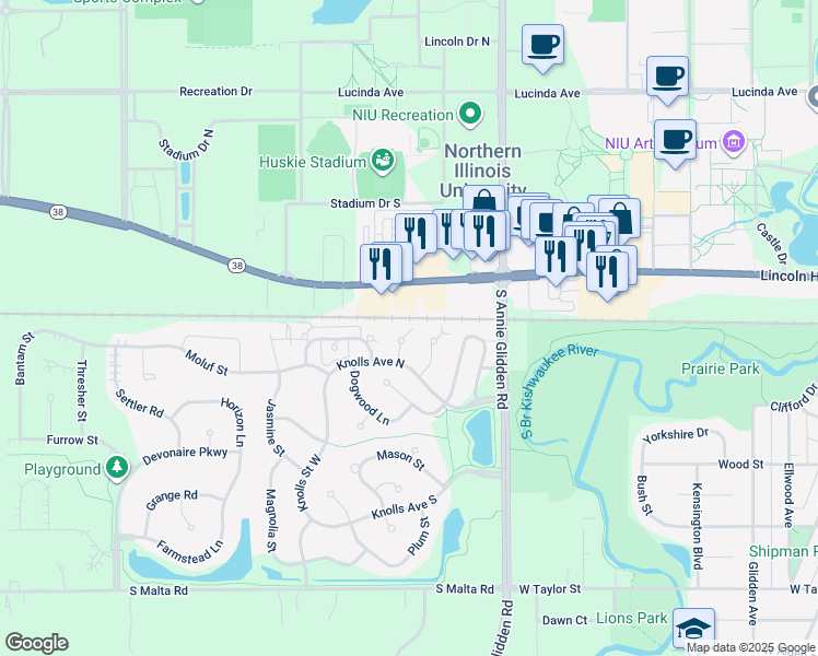 map of restaurants, bars, coffee shops, grocery stores, and more near 311 Barberry Court in DeKalb