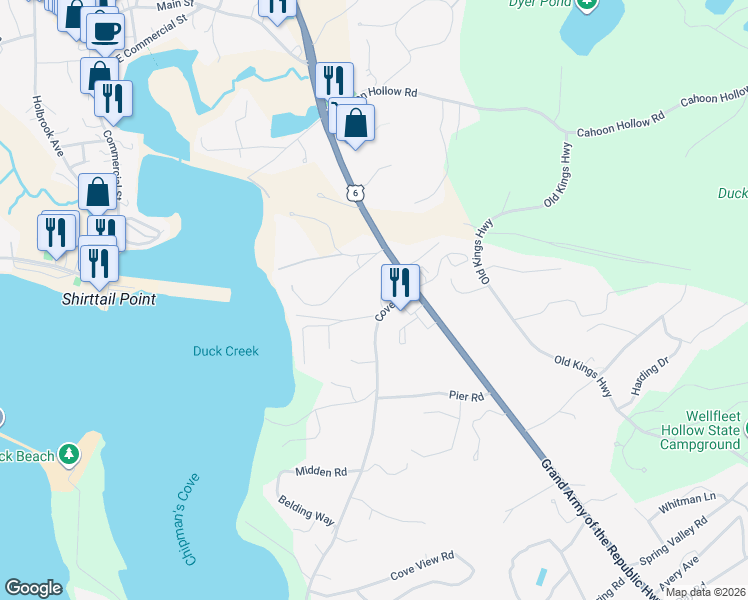 map of restaurants, bars, coffee shops, grocery stores, and more near 15 Way 75 in Wellfleet