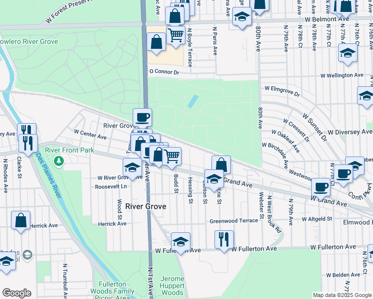 map of restaurants, bars, coffee shops, grocery stores, and more near 2734 Hessing Street in River Grove