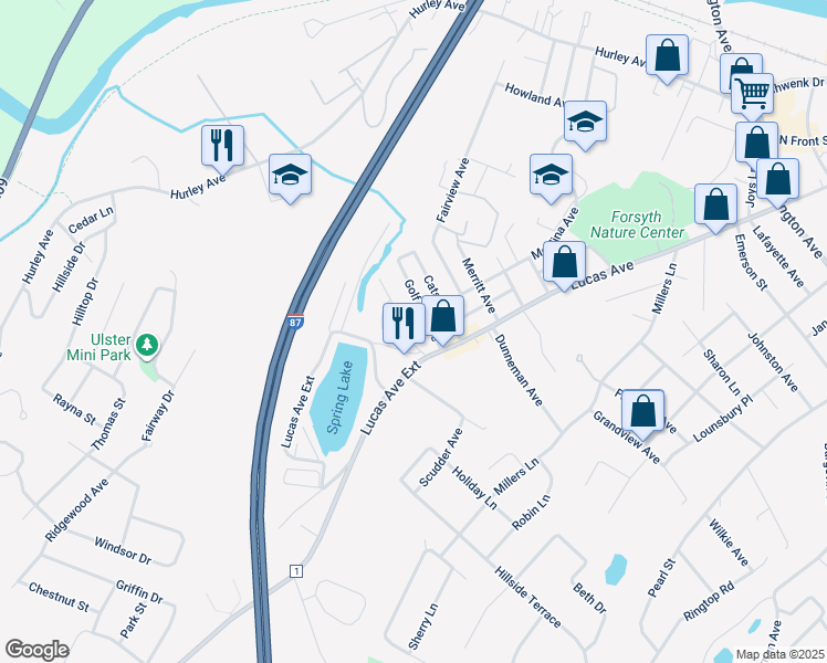 map of restaurants, bars, coffee shops, grocery stores, and more near 6 Spring Lake Dr in Kingston