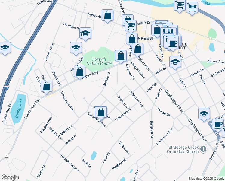 map of restaurants, bars, coffee shops, grocery stores, and more near 75 Sharon Lane in Kingston
