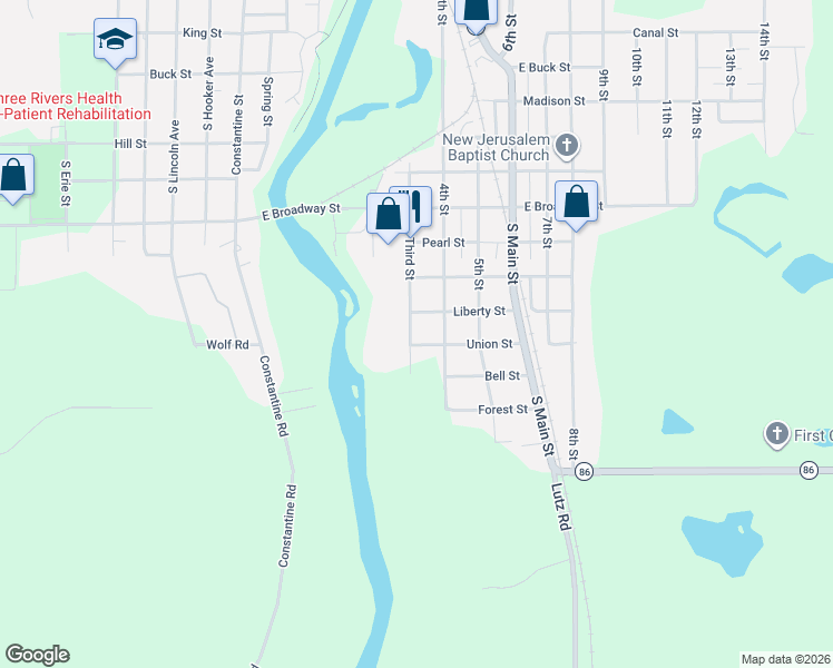 map of restaurants, bars, coffee shops, grocery stores, and more near 1312 Third Street in Three Rivers