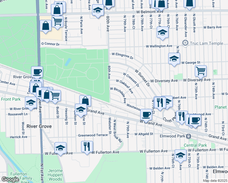 map of restaurants, bars, coffee shops, grocery stores, and more near 7949 West Birchdale Avenue in Chicago