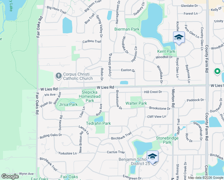 map of restaurants, bars, coffee shops, grocery stores, and more near 1213 Hill Crest Drive in Carol Stream