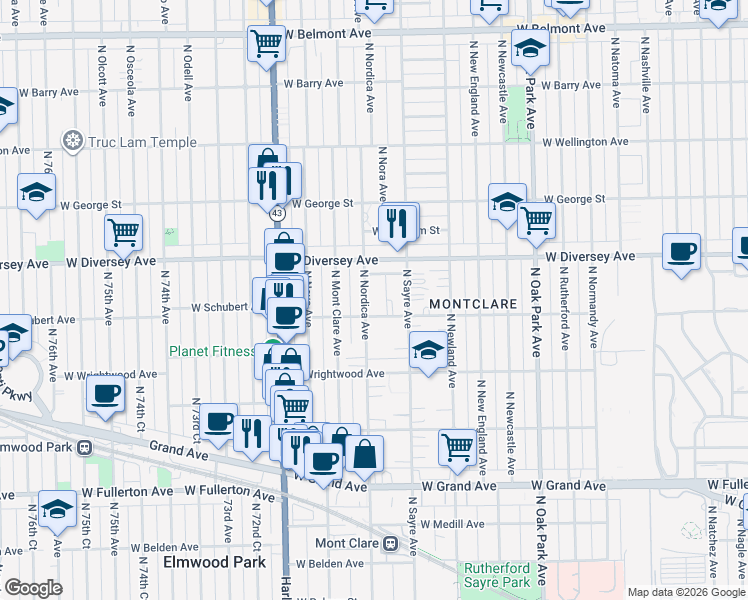 map of restaurants, bars, coffee shops, grocery stores, and more near 2715 North Nordica Avenue in Chicago