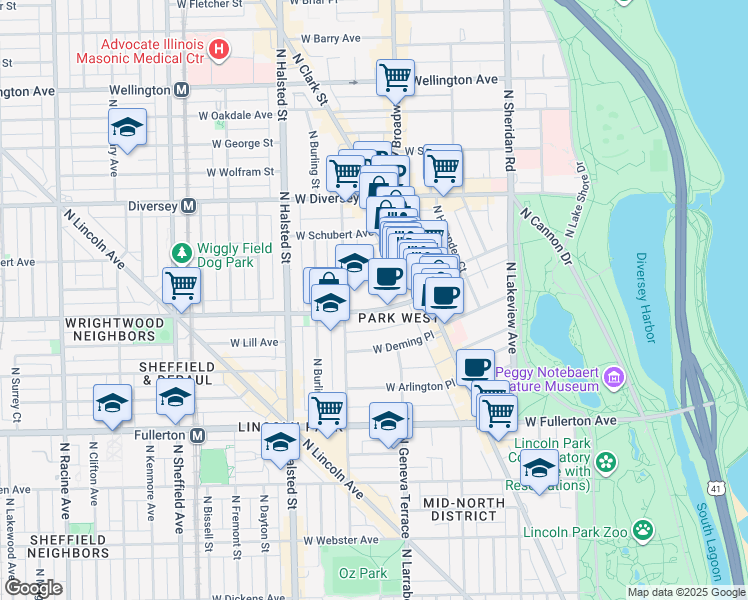 map of restaurants, bars, coffee shops, grocery stores, and more near 656 West Wrightwood Avenue in Chicago