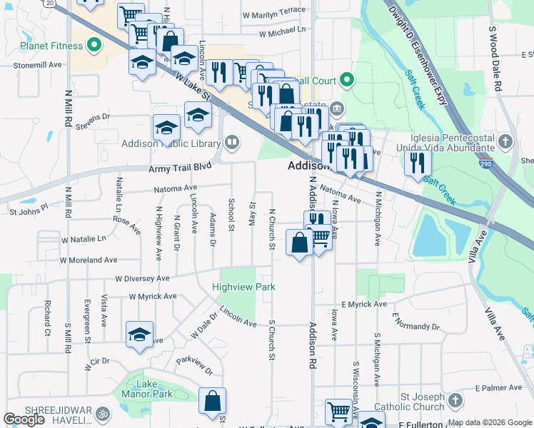 map of restaurants, bars, coffee shops, grocery stores, and more near 112 North Church Street in Addison