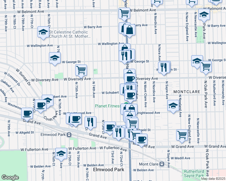 map of restaurants, bars, coffee shops, grocery stores, and more near 2705 73rd Avenue in Elmwood Park