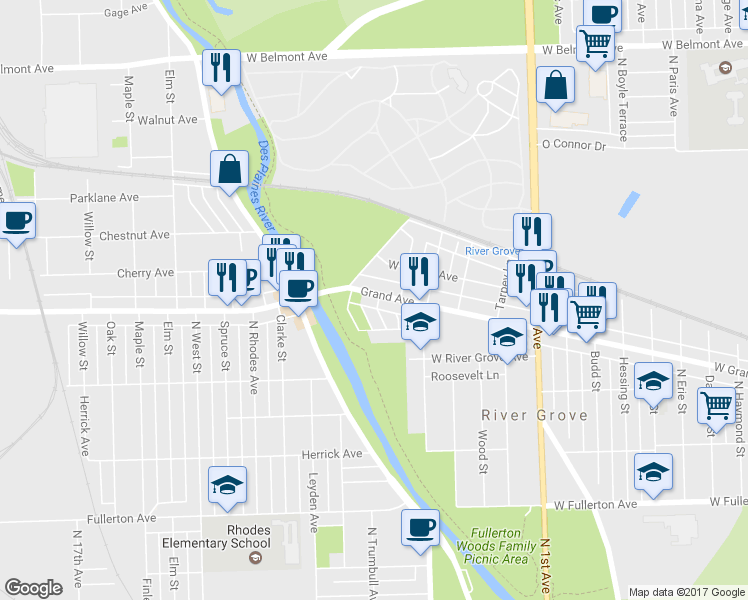 map of restaurants, bars, coffee shops, grocery stores, and more near 8655 West Grand Avenue in River Grove