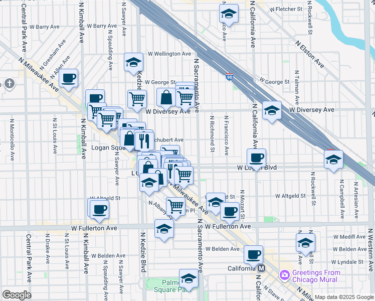 map of restaurants, bars, coffee shops, grocery stores, and more near 2629 North Whipple Street in Chicago