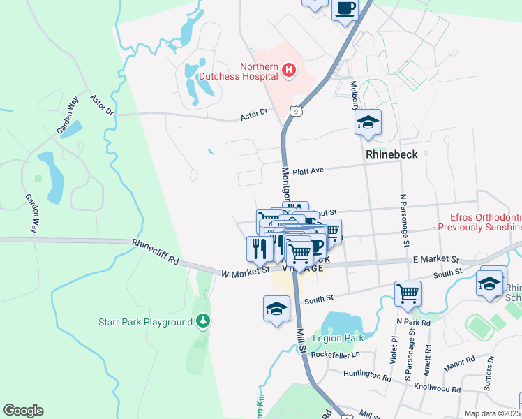map of restaurants, bars, coffee shops, grocery stores, and more near 5 Prospect Street in Rhinebeck Village Business District