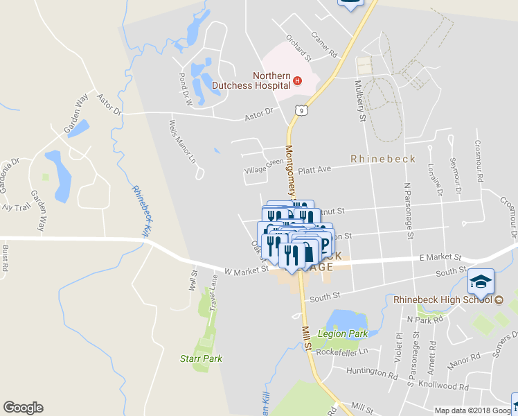 map of restaurants, bars, coffee shops, grocery stores, and more near 8 Prospect Street in Rhinebeck Village Business District