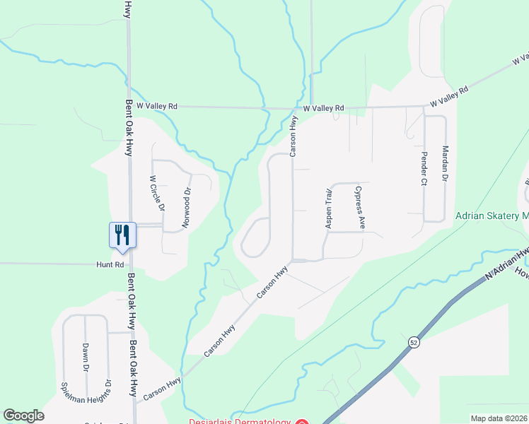 map of restaurants, bars, coffee shops, grocery stores, and more near 3158 Beaver Creek Ridge in Adrian