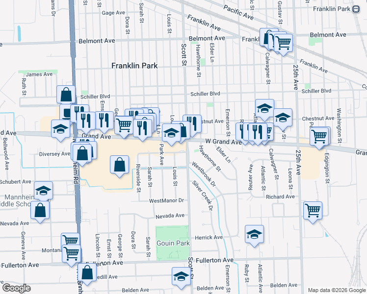 map of restaurants, bars, coffee shops, grocery stores, and more near 10035 Grand Avenue in Franklin Park