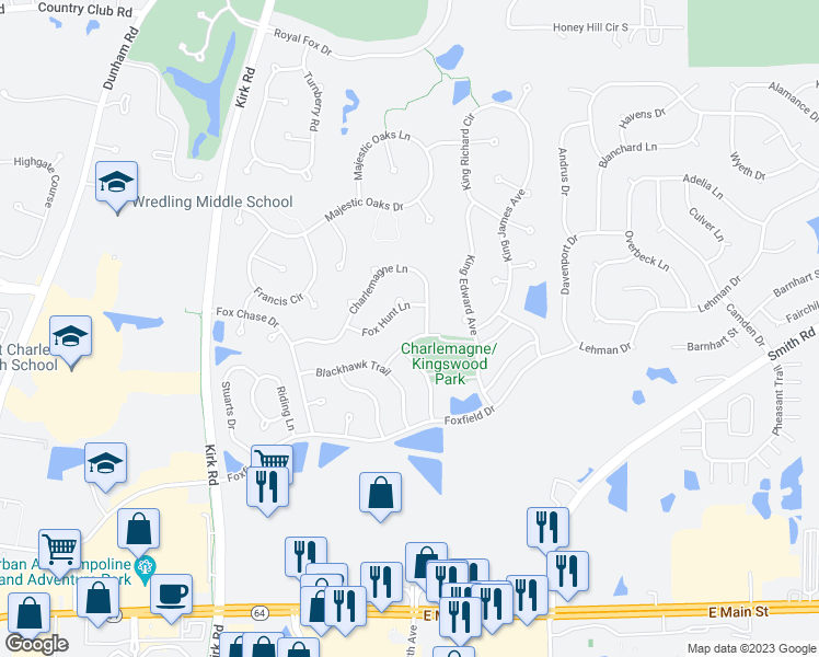 map of restaurants, bars, coffee shops, grocery stores, and more near 3410 Oxbow Lane in St. Charles