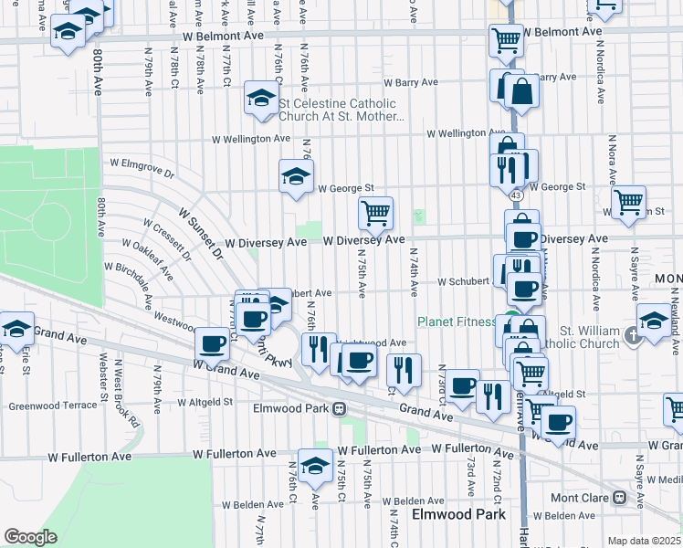 map of restaurants, bars, coffee shops, grocery stores, and more near 2717 North 75th Court in Elmwood Park