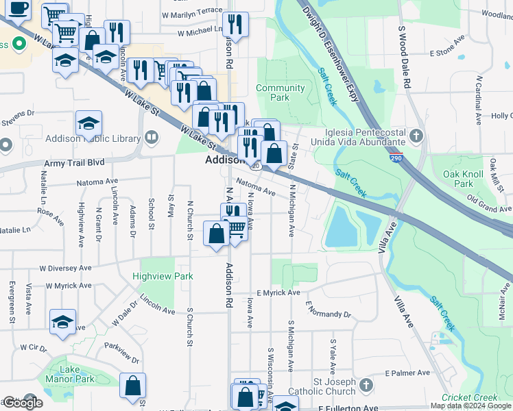 map of restaurants, bars, coffee shops, grocery stores, and more near 109 North Iowa Avenue in Addison