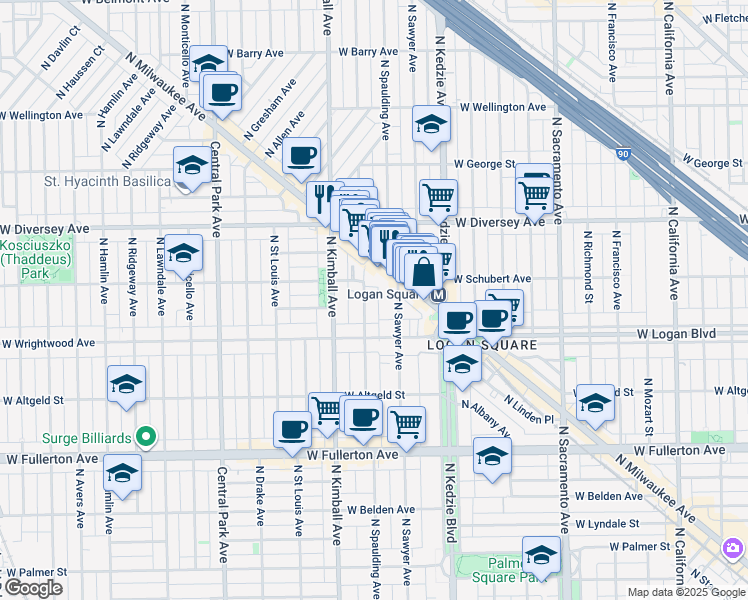 map of restaurants, bars, coffee shops, grocery stores, and more near 2634 North Spaulding Avenue in Chicago