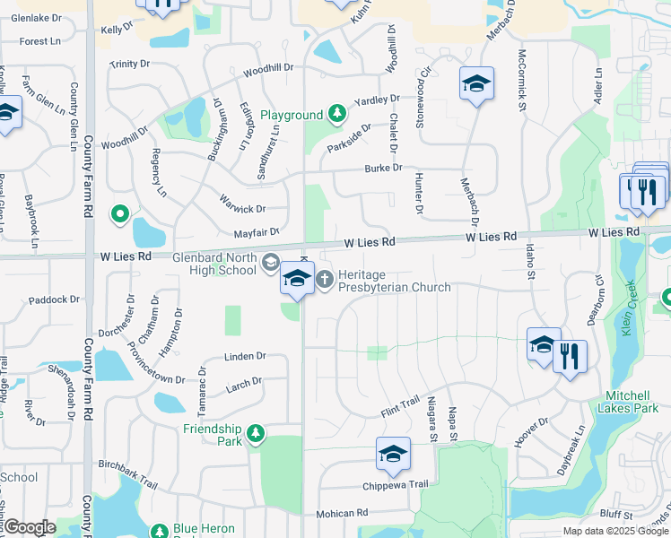 map of restaurants, bars, coffee shops, grocery stores, and more near 1021 Kuhn Road in Carol Stream
