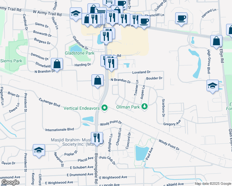 map of restaurants, bars, coffee shops, grocery stores, and more near 1919 Wildwood Circle in Glendale Heights