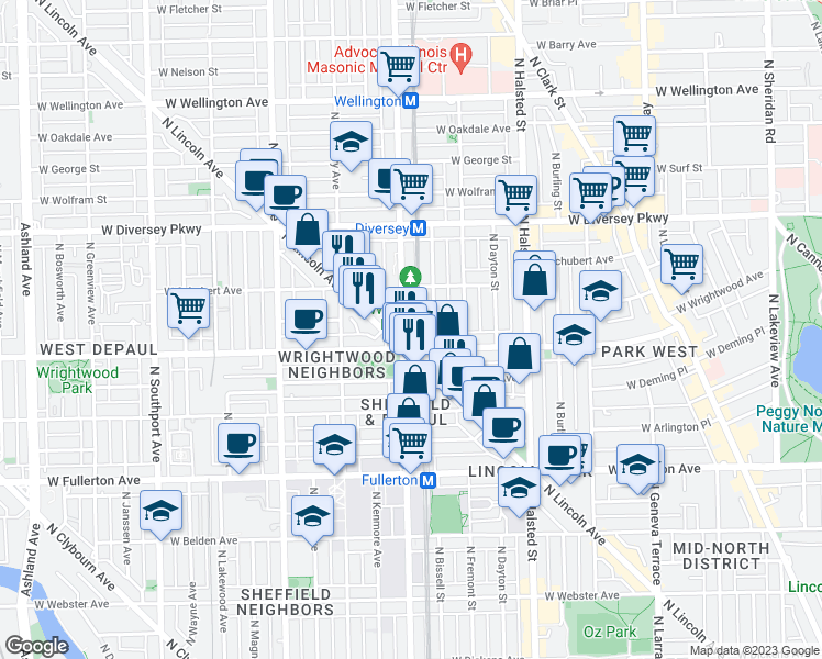 map of restaurants, bars, coffee shops, grocery stores, and more near 2615 North Sheffield Avenue in Chicago