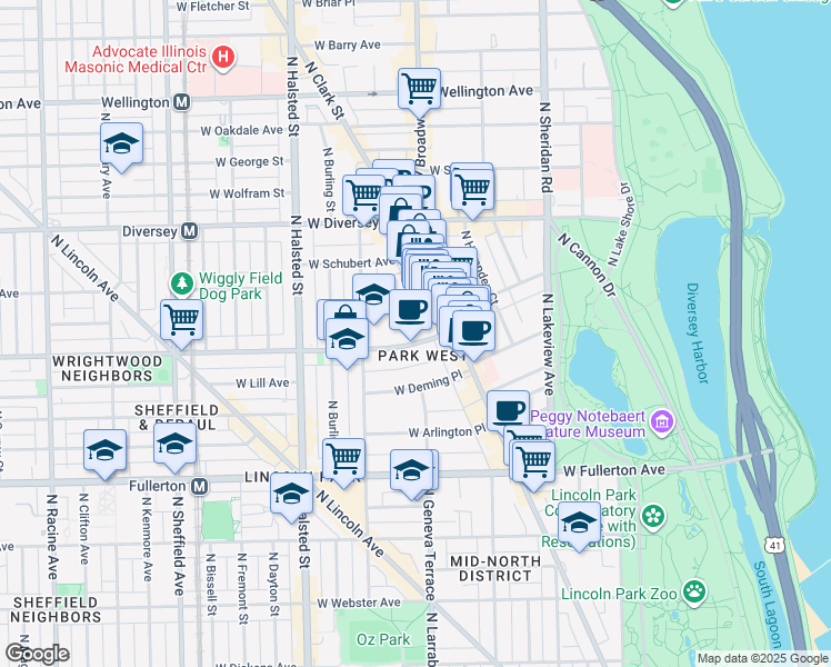 map of restaurants, bars, coffee shops, grocery stores, and more near 656 West Wrightwood Avenue in Chicago