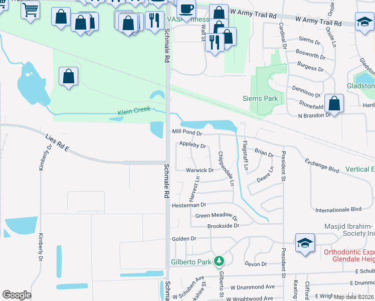 map of restaurants, bars, coffee shops, grocery stores, and more near 1944 Harvest Lane in Glendale Heights