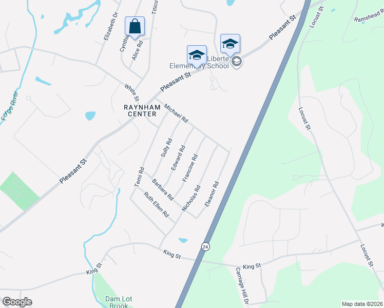 map of restaurants, bars, coffee shops, grocery stores, and more near 50 Francine Road in Raynham