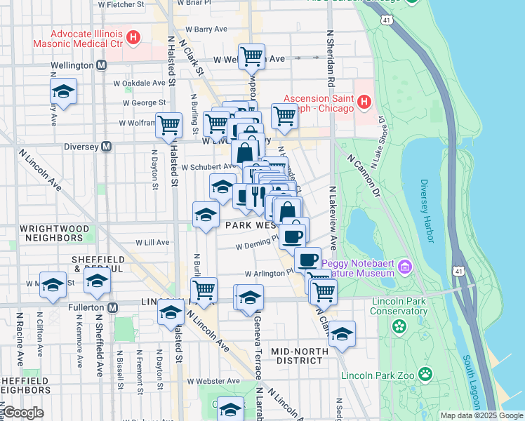 map of restaurants, bars, coffee shops, grocery stores, and more near 610 West Wrightwood Avenue in Chicago