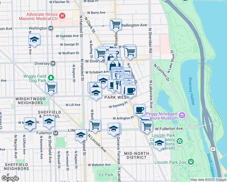 map of restaurants, bars, coffee shops, grocery stores, and more near 656 West Wrightwood Avenue in Chicago
